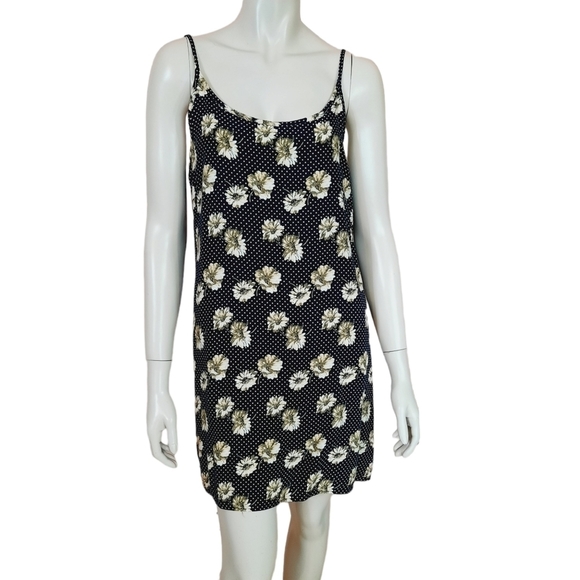 Vintage 90s Slip Dress Small to Medium Rayon Polka Dot Daisy Print Sun Dress - Picture 1 of 7